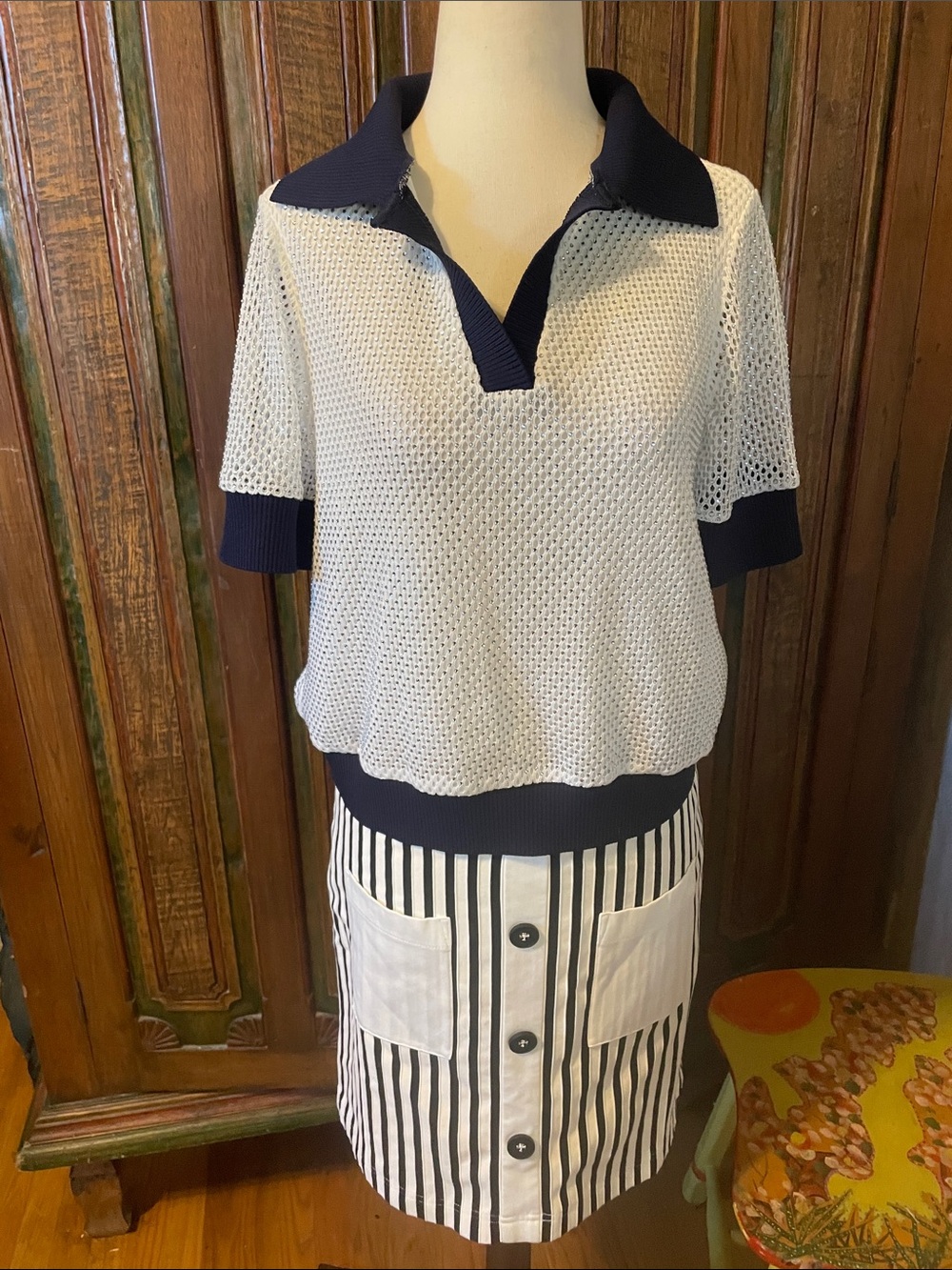 Navy Trim White Knit Polo Top